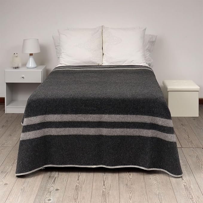 Thick Alpaca Wool Blanket Heavyweight for Camping Outdoors or Using Indoors | Soft Peruvian Alpaca Wool Blankets (Dark Gray - Soft Gray Stripes, Twin)