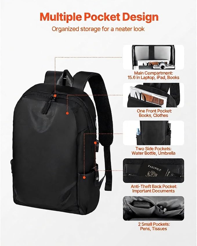 Lightweight Backpack 26L, Hiking Backpack with USB Charging Port & Anti-Theft Pocket, Water-Resistant Travel Laptop Backpack Fits 15.6 Inch, for Men Women College Commuting Camping Riding