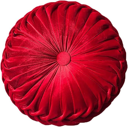 Round Throw Pillow Velvet Home Decoration Pleated Round Pillow Cushion for Couch Chair Bed Car Red