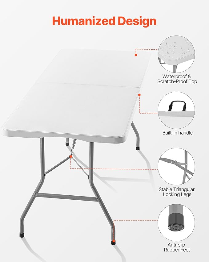 VEVOR Folding Table, 6 Ft Heavy Duty Portable Fold-in-Half Utility Table, Indoor Outdoor Plastic Rectangle Table with Built in Handle, for Party, Dining, Wedding, Events, Picnic, Camping, White