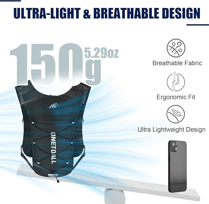 Running Vest for Women & Men, 6L Hydration Backpack with 2L Water Bladder, Lightweight Water Backpack for Trail Running, Marathon, Hiking, Cycling, Jogging, Adjustable Fit