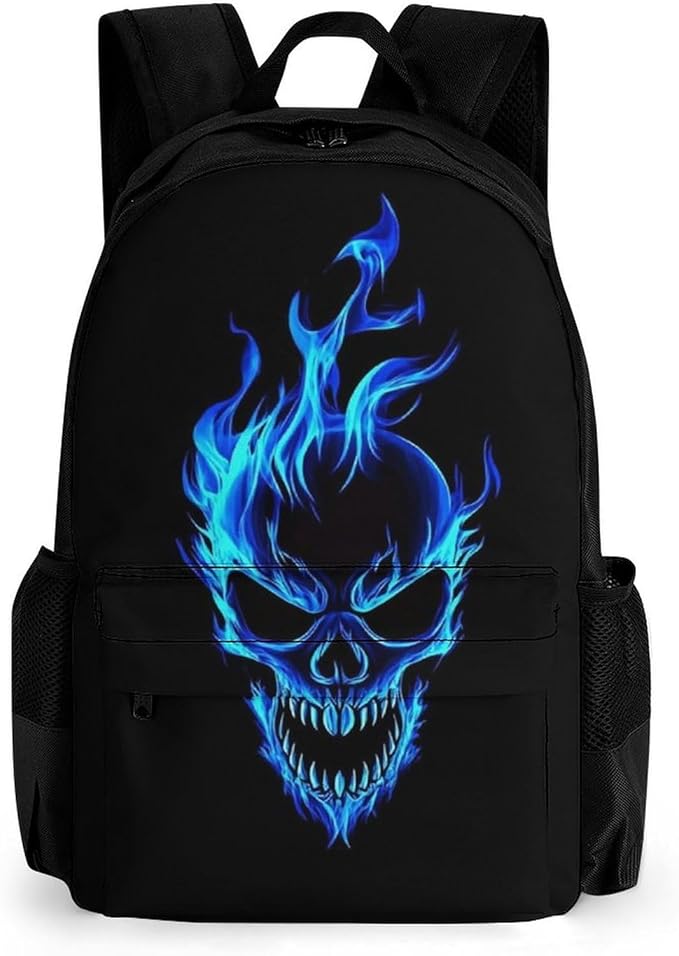 Polyester Daypack for Camping Travel Walking Cycling, Big Capacity Anti-Theft Multipurpose Bookbag, Skull Blue Fire Camping Outdoor Backpack