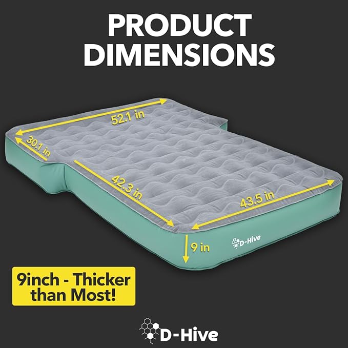 D-Hive Full Size SUV Air Mattress, Easy to Install with Built-In Pump, Quick Inflation, Anti-Deflate, Fits 2 People, Green