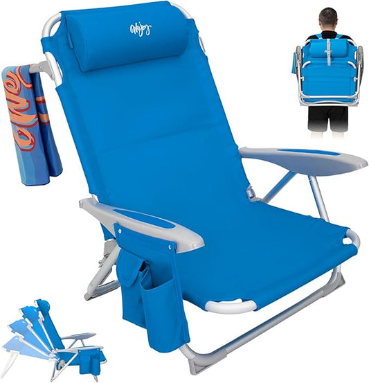 #WEJOY Folding Beach Chair for Adults, 4-Position Aluminum Lightweight Beach Chair, Low Sands Chairs with Shoulder Strap, Cup Holder and Padded Headrest, Supports 265lbs for Lawn