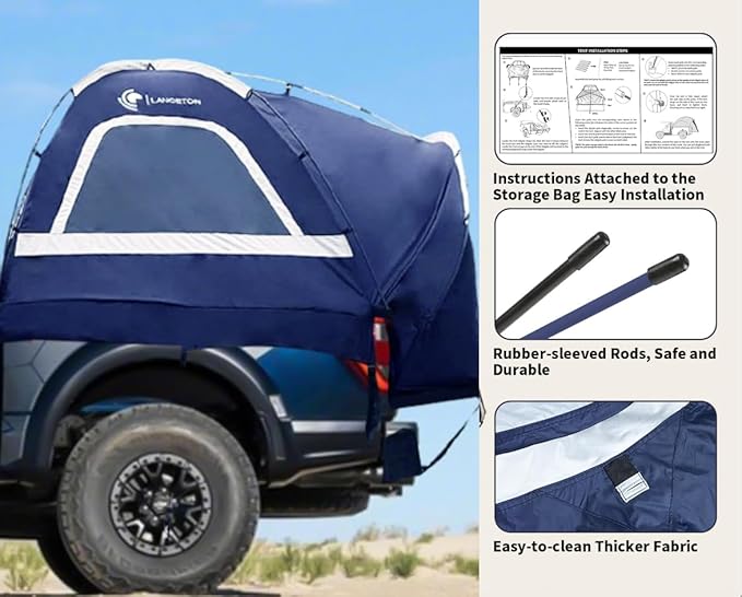 Pickup Truck Tent, Fit 5.5-6, 6.5ft Truck Bed, Waterproof PU3000 high Density Polyester Oxford, Windproof Pole and Insect-Prevention Double Layer Mesh Window & Door, Unique Rear Window Pipe