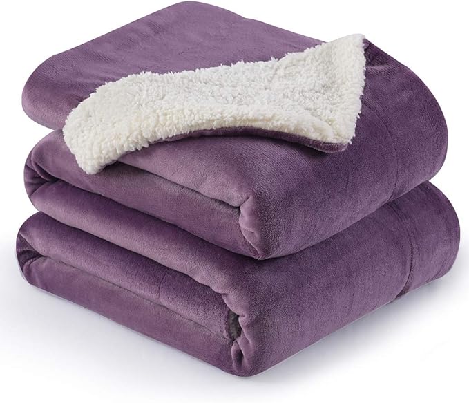 NANPIPER Throw Blanket Reversible Sherpa Flannel Bed Blanket Super Soft Fuzzy Plush Fleece Microfiber (90"x90" Cassis Purple) Queen