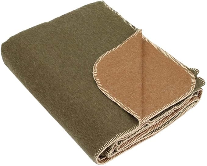 Thick Alpaca Wool Blanket Heavyweight for Camping Outdoors or Using Indoors | Soft Peruvian Alpaca Wool Blankets (Olive Green/Soft Camel, King)