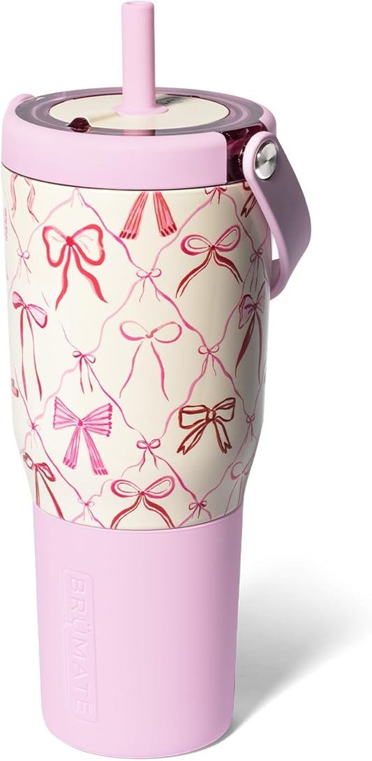 BrüMate Resa 35oz 100% Leakproof Travel Tumbler with Handle & Straw | Flexible SoftSip Straw | Silicone Sleeve for Durability | Stainless Steel | Cup Holder & Travel Friendly | (Bows)