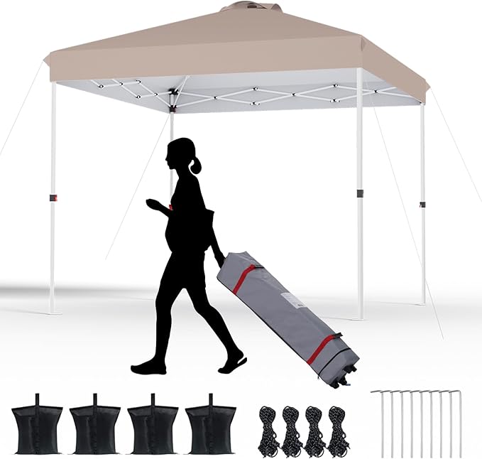 10x10 Pop Up Canopy, Heavy Duty Pop Up Tent with Wheeled Bag for Easy Moving, Easy Up Canopy Tent for Parties, Events, Camping, Outdoor Gazebo with 420D PU Coated Waterproof Brown Fabric