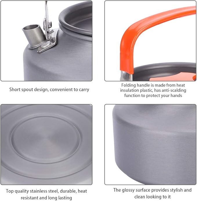 Aluminum Teapot 37oz, Coffee and Tea Kettle with Folding Handle, Portable Pot for Camping, Hiking and Kitchen Use, Black Handle (Orange handle)