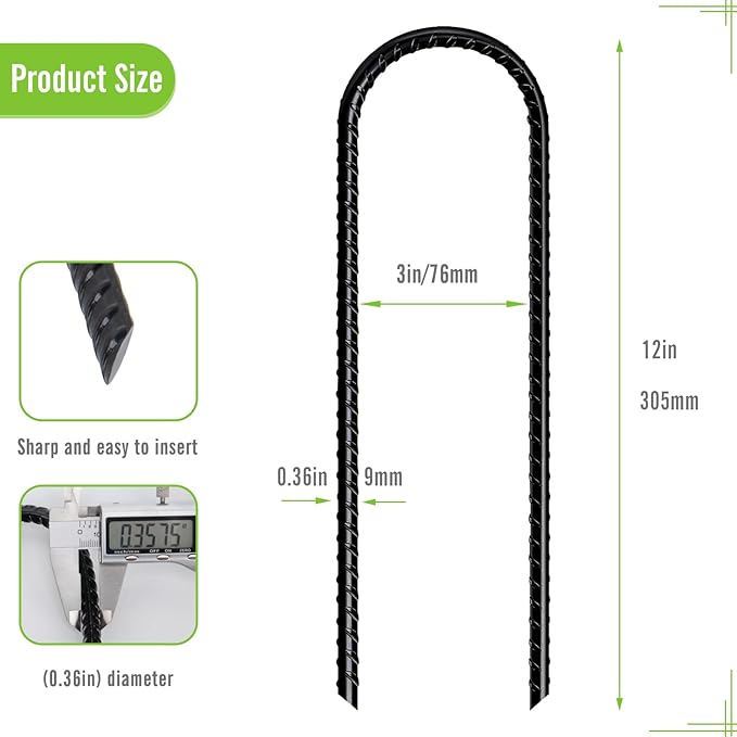 U Shaped Rebar Stakes 12 Inch Heavy Duty Ground Anchors (Pack of 8 Black) Ground Stakes Galvanized Steel, Trampoline Tie Down Anchor, Heavy Duty Stakes for High Wind