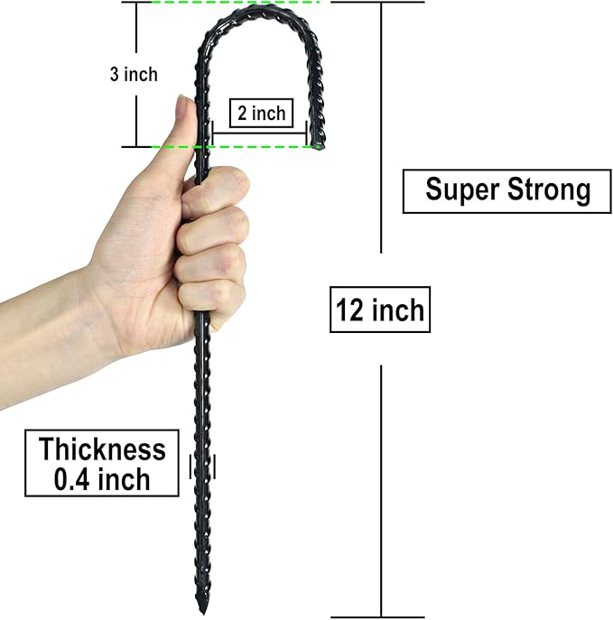 12 Inch Rebar Stakes Heavy Duty J Hook, Coated Steel Ground Stakes Tent Stakes Ground Anchors for Chain Link Fence Stakes and Trampoline Stakes (12)