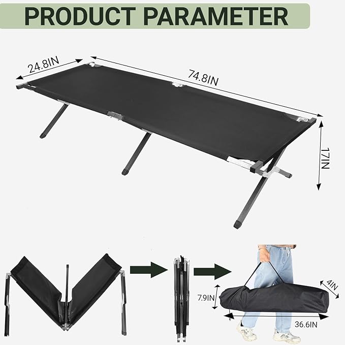 YSSOA Folding Camping Cot with Storage Bag for Adults, Portable and Lightweight Sleeping Bed for Outdoor Traveling, Hiking, Easy to Set up (Color: Black)
