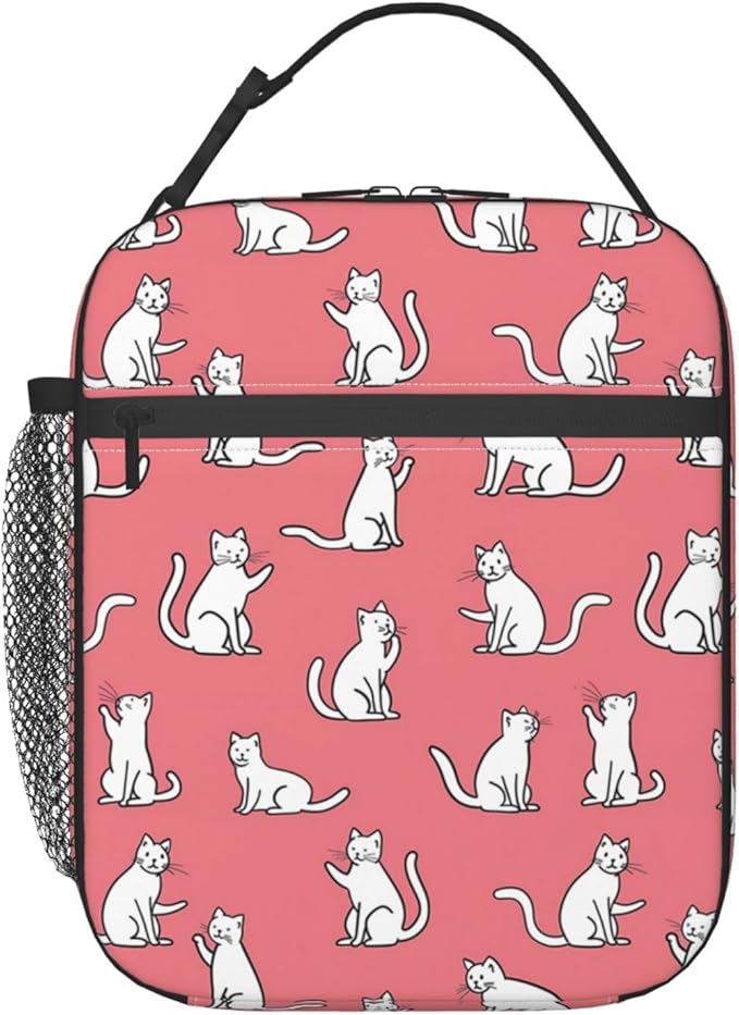 Reusable White Cat Lunch Box for Kids Girls Boys Women Adult, Insulated Cute Lunch Bag,Polyester Cooler Animal Handbags Case for School Picnic Work Travel Beach or Hiking (Pink)