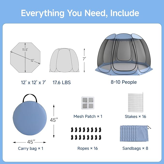 Alvantor® Pop Up Screen House Gazebo, Portable Mosquito Net Tent, UV Protected Sun Shelter for Patio, Backyard & Camping, Instant Setup for 2-10 People