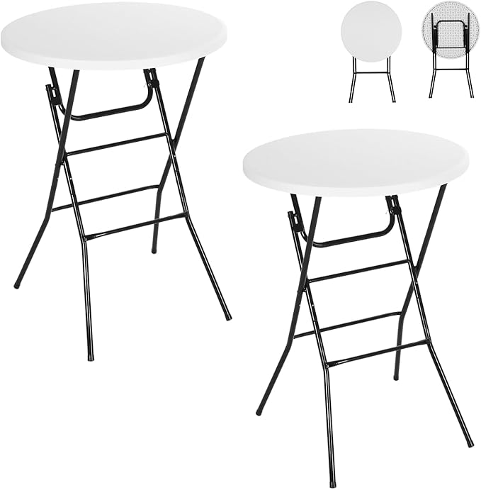 Nice C Plastic High Top Round Table, Portable Cocktail Bar Table with Detachable Legs, 31.5" Folding Tables, Waterproof Outdoor/Indoor Tables for Parties, Weddings, Camping, Backyard (White, 2 Pack)