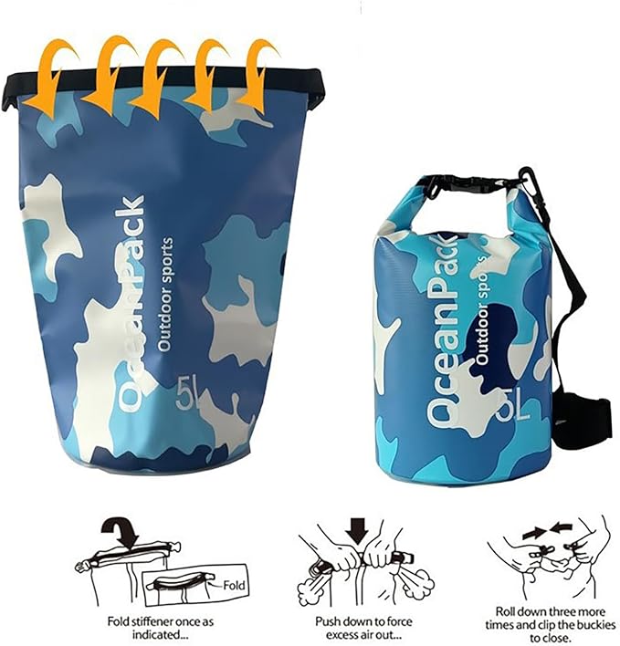 Dry Bag Waterproof 5L/10L/20L, Camo Design, Roll Top Lightweight dry bags for FLoating, Boating, Kayaking, Camping, Beach，Paddle boarding Accessories