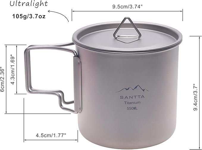 SANTTA Camp Cup MUG with Lid & Pouch, 18.6 oz Ultra Light Titanium Cup with Foldable Handle Camping Mug 550mL