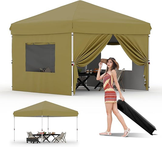 10x10 Pop Up Canopy Tent Outdoor Canopy with 4 Removable Sidewalls One-Person Set Up Heavy Duty Commercial Instant Tent Shelter-Khaki
