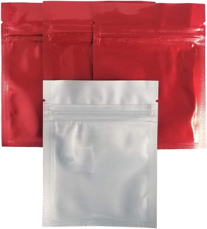 Clear Front Resealable Red Mylar Bags - 5 Mil - 3.5" x 4.5" Zip Seal Heat Sealable Odor Proof Pouch for Herbs Food Vitamins Gummies Snacks Storage Container (100 or 3000) (100)