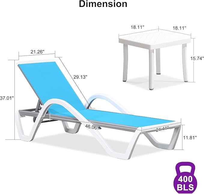 PURPLE LEAF Patio Chaise Lounge Chair Set Outside Aluminum Plastic Stackable Tanning Chairs with Armrests and Side Table for Pool Sunbathing Beach Deck Outdoor Lounger, Turquoise Blue