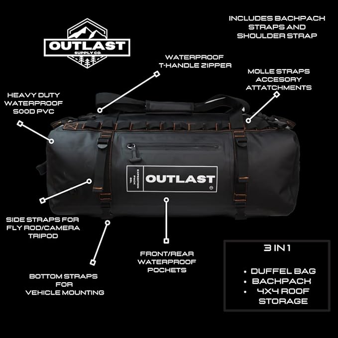 Waterproof Duffel Bag Backpack 65L Scuba Zip Enclosure Dry Bag Fishing, Overland Backpack, Hiking,Camping Adventure Ready (Black)