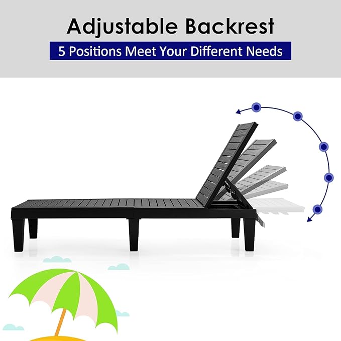 Tangkula Outdoor Chaise Lounge Chair, Lightweight Patio Lounge Recliner Chair with Adjustable Backrest, 5 Reclining Positions Chaise Lounger for Patio, Beach, Balcony, Poolside, Backyard (2, Black)