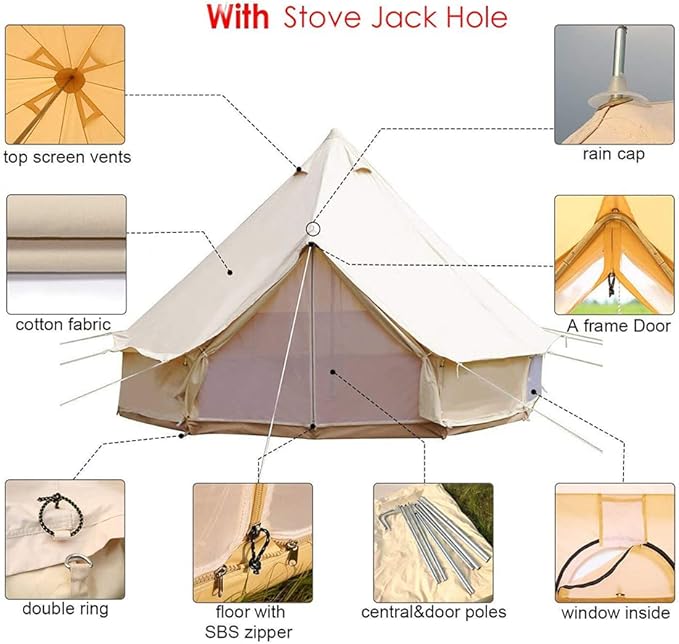 GeRRiT 4-12 Person Camping Tent 3-6m Waterproof Cotton Canvas Bell Tent Outdoor 4 Seasons Family Party Picnic Yurt Tent W/Stove Hole, 16.4ft 5m 8~10People, Beige