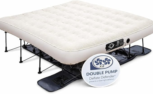 Ivation EZ®-Bed (King) Inflatable Air Mattress with Frame & Rolling Case, Built-in Deflate Defender™ Dual Pump Technology - 3 Min Self Inflate/Deflae Raised Blow up Bed on Legs, Premium Coil Design