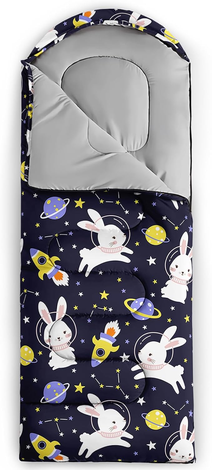 AILONEN Kawaii Puppy Sleeping Bag for Kids Boys Girls,Warm and Cool Weather,Lightweight,Waterproof Backpacking,Cartoon Cute Dog & Duck Animal Themed Blue Sleeping Bag for Camping