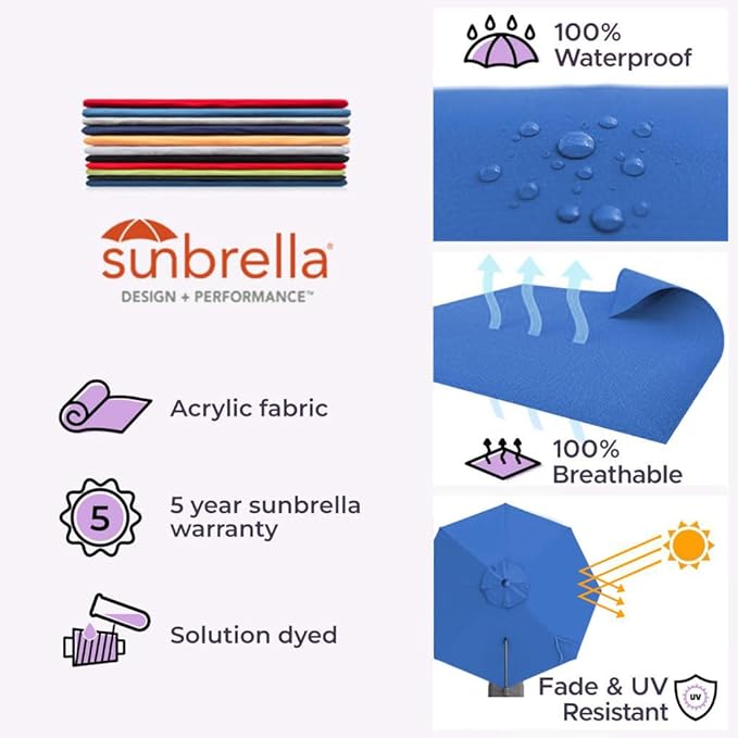 Midtown Umbrellas10 Ft Outdoor Cantilever Patio Umbrella w/Sunbrella Dark Blue Fabric - Tilt 360° Rotate Offset Patio Umbrella, Deck Patio Umbrella, Backyard Umbrella & Garden Umbrella - Silver Frame