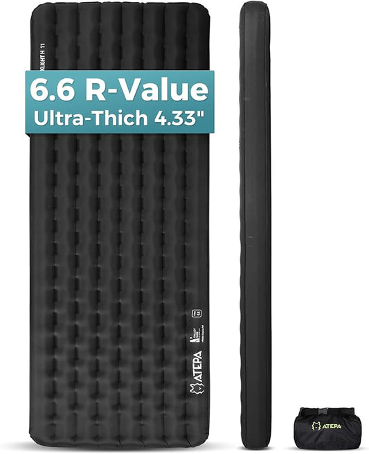 ATEPA ThermAir Pro Backpacking Inflatable Sleeping Pad, 6.6 R-Value Insulated Ultralight Portable Camping Pad Thick Camping Mat for Camping Backpacking Tent, Wide Long Size 78"x27", Black