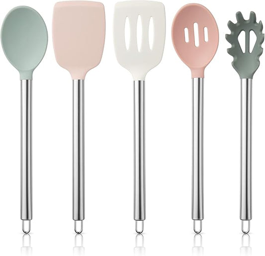 COOK WITH COLOR Silicone Cooking Utensils, Kitchen Utensil Set, Easy to Clean Silicone Kitchen Utensils, Cooking Utensils for Nonstick Cookware, Kitchen Gadgets Set, 5 Pieces, Mint