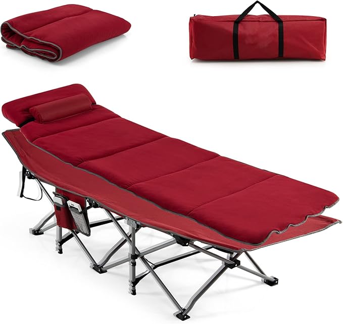 Goplus Camping Cot, Folding Camping Cot with Mattress, Pillow, Carry Bag, Storage Pocket, Camping Bed Military Cot for Home Office Nap Hiking, Heavy-Duty Portable Sleeping Cot for Adults Kids (Wine)