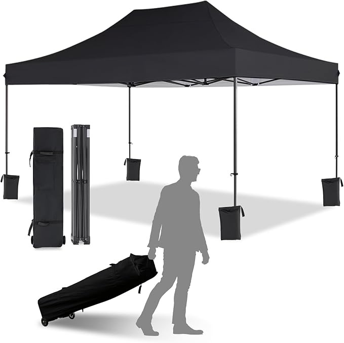 10x15 Canopy Tent with Roller Bag, Easy Up Pop Up Tent, 300D Silver-Coating Outdoor Shelter, 4 Stakes & 4Sandbags & 4 Ropes, Black