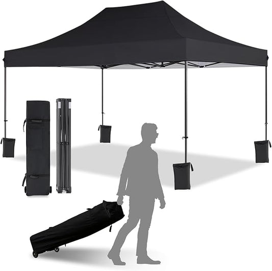10x15 Canopy Tent with Roller Bag, Easy Up Pop Up Tent, 300D Silver-Coating Outdoor Shelter, 4 Stakes & 4Sandbags & 4 Ropes, Black