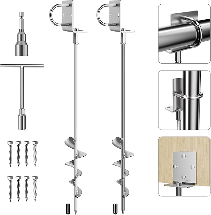 Phopich Multi-Purpose Ground Anchors Screw in, 28in Fully Welded Heavy Duty Trampoline Stakes with Brackets, T-Wrench and Adapter for Drill, Earth Anchor kit for Mobile Home, Trampoline, Shed 2Pack