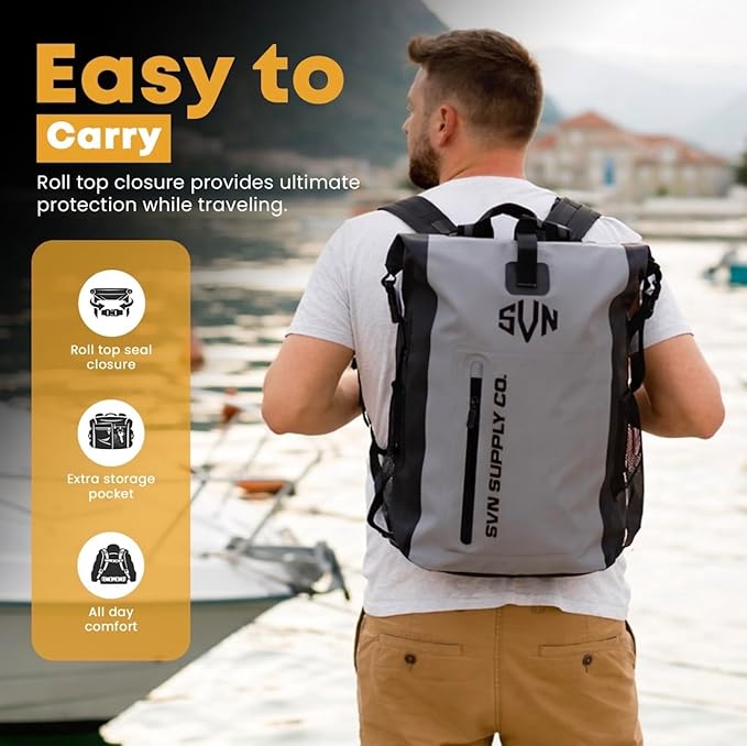 SVN Supply Co. Heavy-Duty Waterproof Backpack – Roll-Top Dry Bag for Hiking, Kayaking, Camping & Outdoor Adventures – Padded Shoulder Straps (Grey)