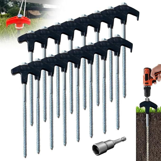 8" Screw in Tent Stakes - Ground Anchors Screw in, 2024 Upgraded Drillable Tent Stakes, Heavy Duty Metal Stake Ground Anchor Peg Threaded Tent Spikes with 1 Hex Head Driver