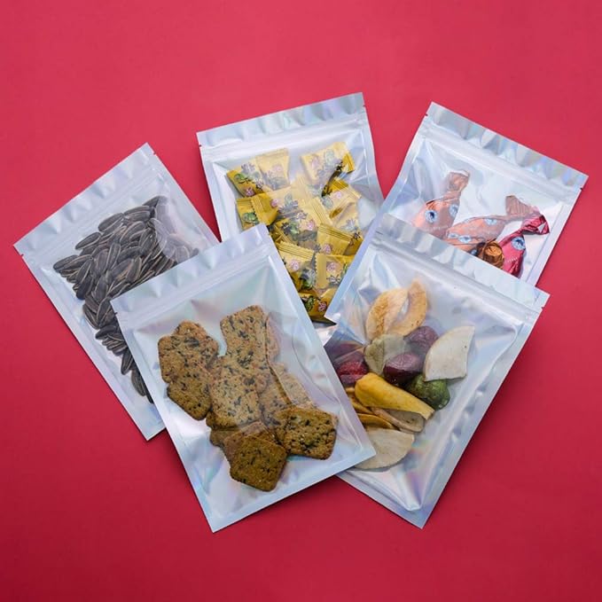 100 Pieces Mylar Holographic Resealable Bags - 4.7 x 7" Smell Proof Bags，Foil Pouch for Party Favor Food Storage
