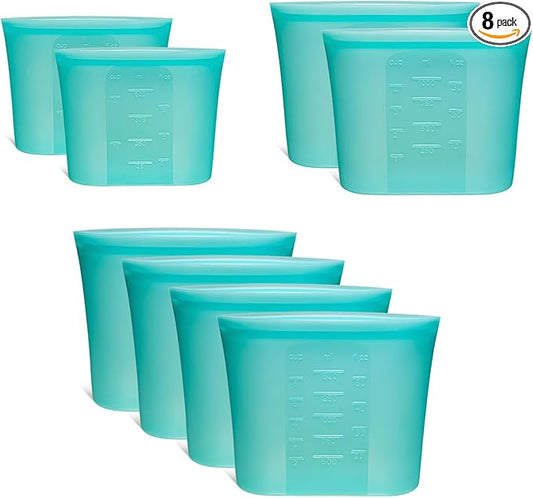8-Pack Reusable Silicone Food Storage Bags, 100% Silicone Stand-Up Wide-Open Zip-Lock Reusable Storage Bags for Food, Freezer Microwave Oven Dishwasher Safe, Aqua, 4M 2S 2XS