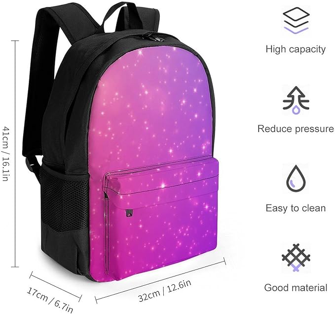 Polyester Daypack Bookbag for Gym Business Bicycle, Large Capacity Multipurpose Anti-Theft Carry On Bag, Purple Pink Glitter Pattern Travel Hiking Daypack