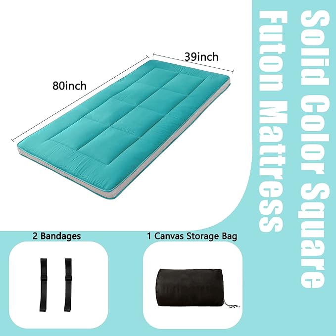 MAXYOYO Twin Bed Mattress Japanese Floor Futon Mattress, Twin Tatami Pad Camping Floor Bed Topper, Easy to Foldable and Portable, Turquoise Futon Single Mat