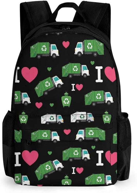 Shoulder Book Bags Polyester Multipurpose Anti-Theft I Heart Love Trash Garbage Trucks Black Carry On Bag Large Capacity Travel Hiking Camping Rucksack