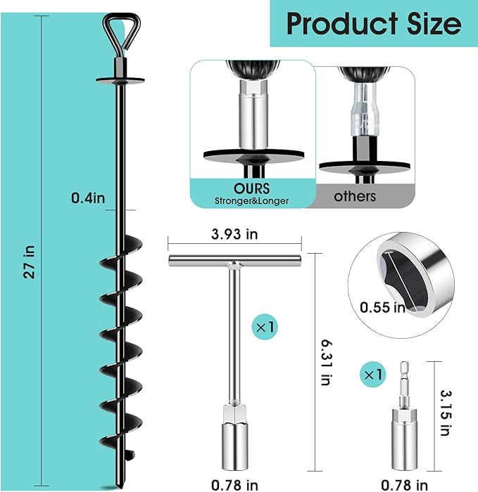 Ground Anchors Screw in, Heavy Duty Ground Trampoline Stakes High Wind Tent Stakes for Tent, Trampoline, Gazebo, Carport, Trap Anchor, Canopies, Swing Set