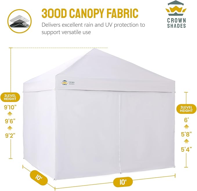 CROWN SHADES 10X10 Comercial Instant Canopy Pop Up Tent with Center Lock (10x10 with 4 Sidewalls, White)