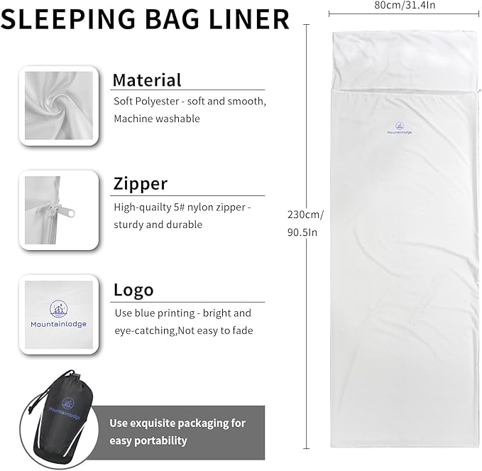 Mountainlodge Sleeping Bag Liner for Warm Weather Seasons with Carry Bag - Protable,Lightweight and Skin-Friendly Sleeping Bag for Camping,Hiking and Backpacking.