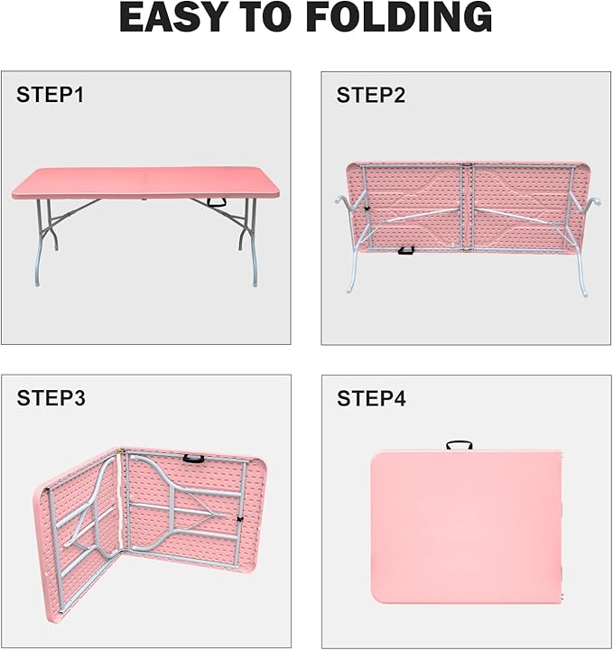 Portable Plastic Folding Table 4ft/6ft/8ft Heavy Duty White Black Picnic Dining Table Fold-in-Half for Camp Party Kitchen Indoor Outdoor (Pink, 6FT)