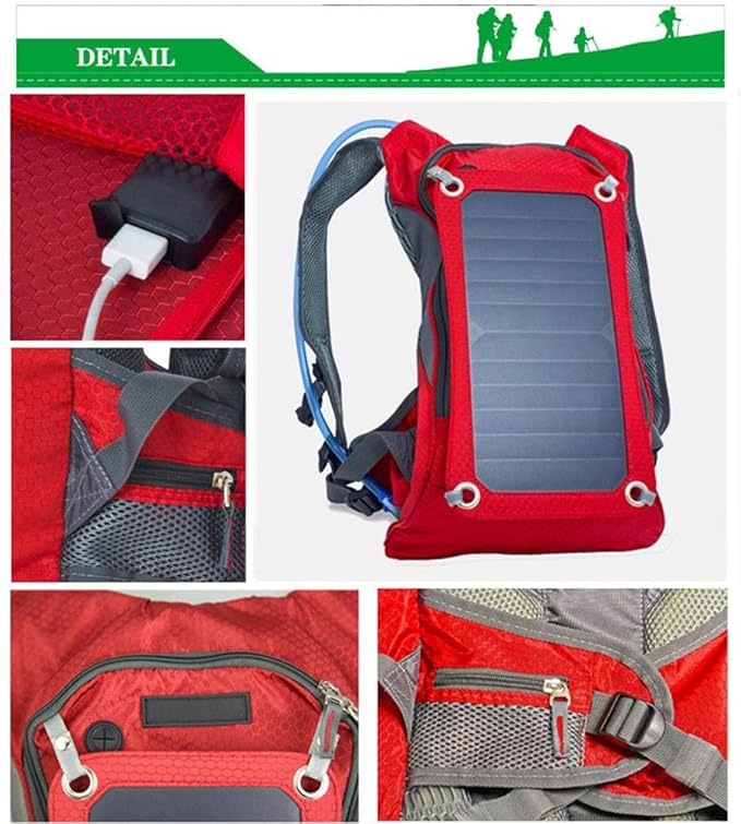 Solar Backpack, Solar Powered 1.8 Liter Hydration Backpack / 7 Watt Solar Panel,