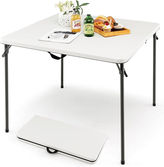 Goplus 34" Square Folding Card Table, Portable with Handle, White Indoor Outdoor Utility Table for Picnic, Party, Dining, Camping, BBQ